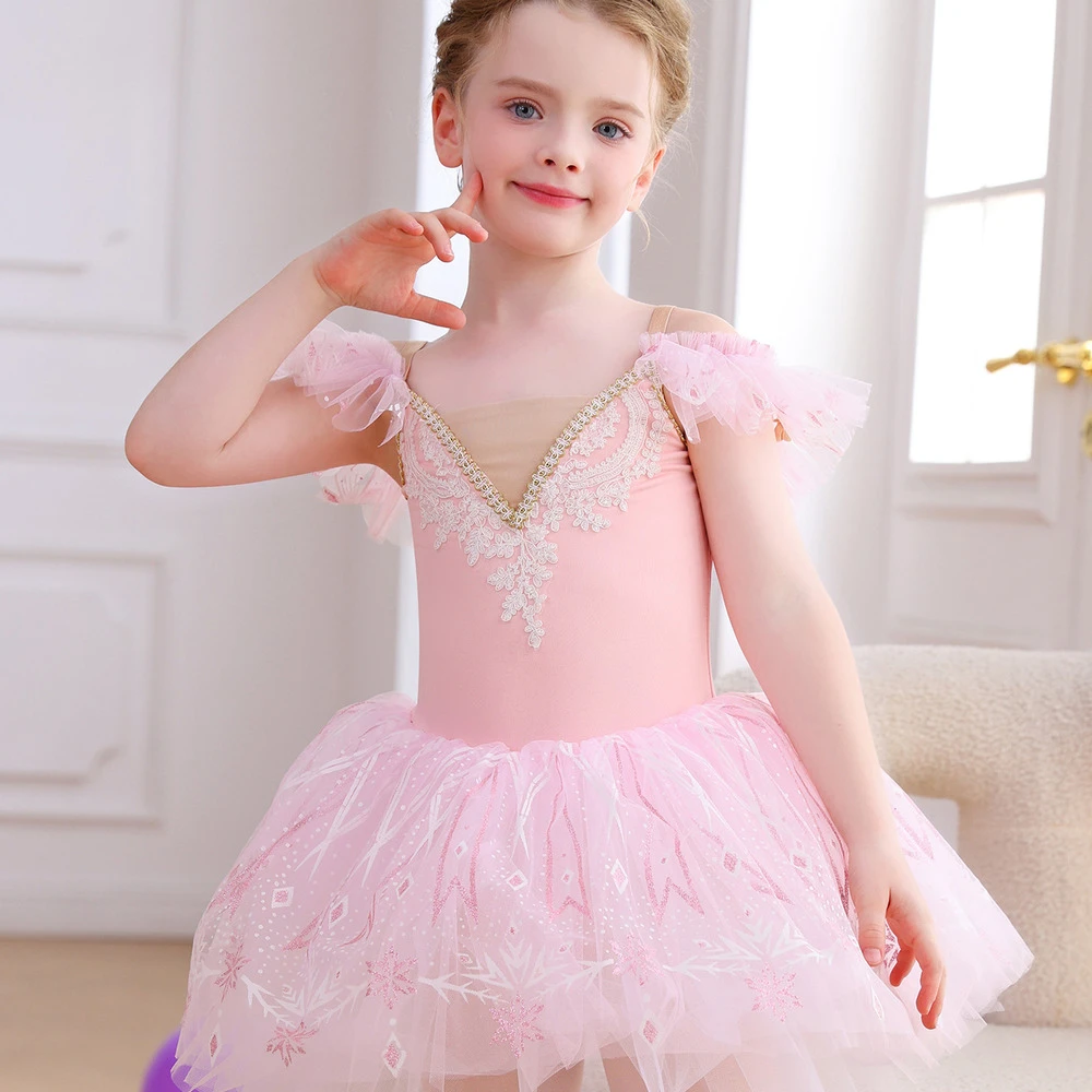 Robe Tutu de Ballet en dentelle flocon de neige pour filles, Costume de danse &agrave; manches &agrave; volants-AL