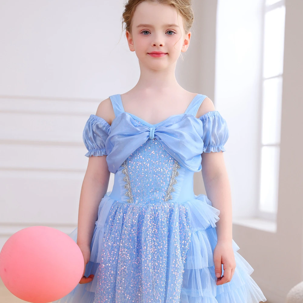 Robe Tutu de Ballet pour filles, bleu clair, avec n&oelig;ud &agrave; paillettes, &eacute;paules d&eacute;nud&eacute;es, Costume de f&ecirc;