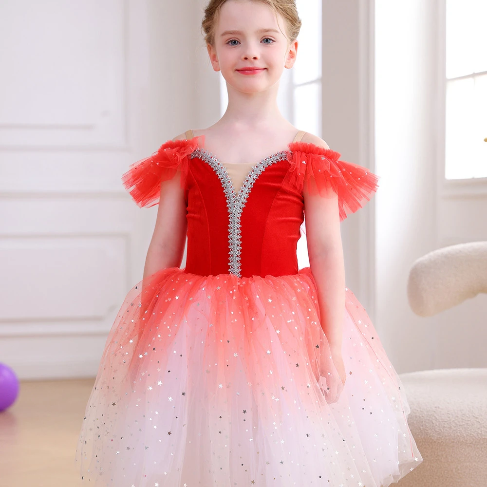 Robe Tutu de Ballet rouge ombr&eacute; scintillant pour filles, Costume de spectacle de danse en velours, C