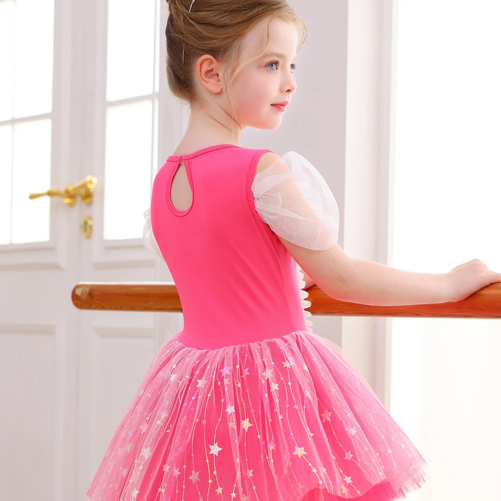 Robe Tutu de Ballet pour filles, rose vif, avec n&oelig;ud &agrave; paillettes, &eacute;toile, Costume de spectacle de p