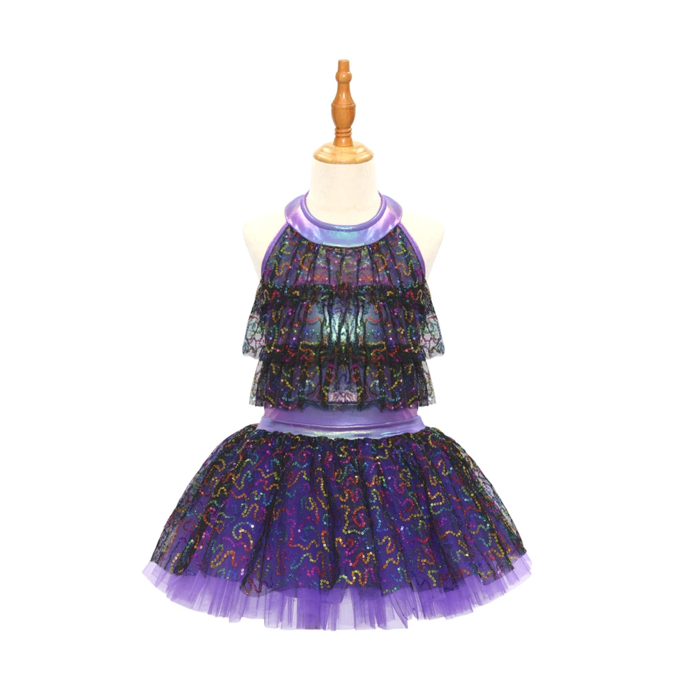 Costume de danse jazz pour enfants &agrave; paillettes violettes-JSP020
