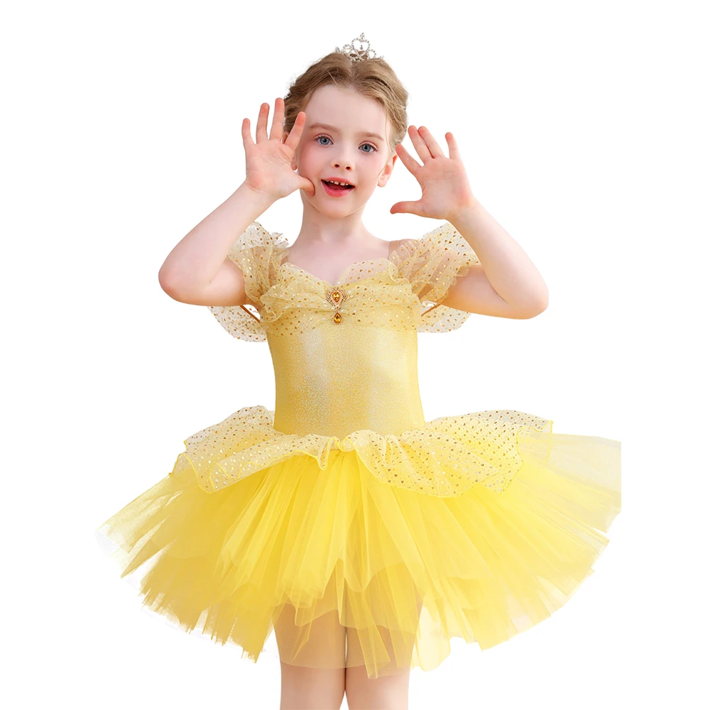 Robe Tutu de Ballet pour filles, &agrave; paillettes dor&eacute;es, &eacute;paules d&eacute;nud&eacute;es, princesse, spectacle sur sc&egrave;