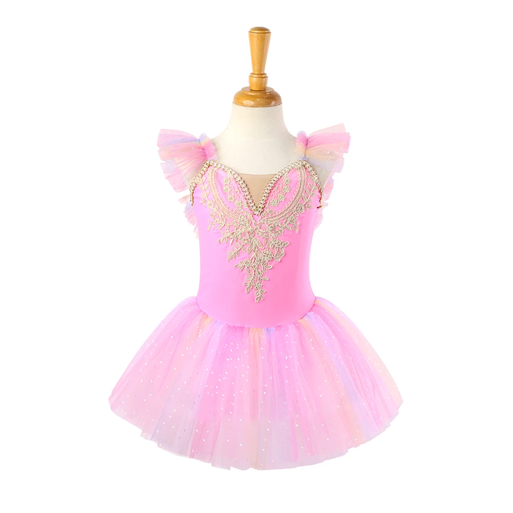 Justaucorps de ballet en dentelle rose pour filles, Tutu de princesse, Dress-ALP023