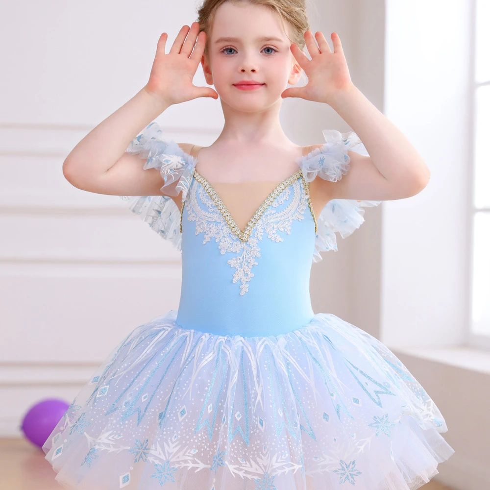 Robe Tutu de Ballet en dentelle flocon de neige pour filles, Costume de danse &agrave; manches &agrave; volants-AL