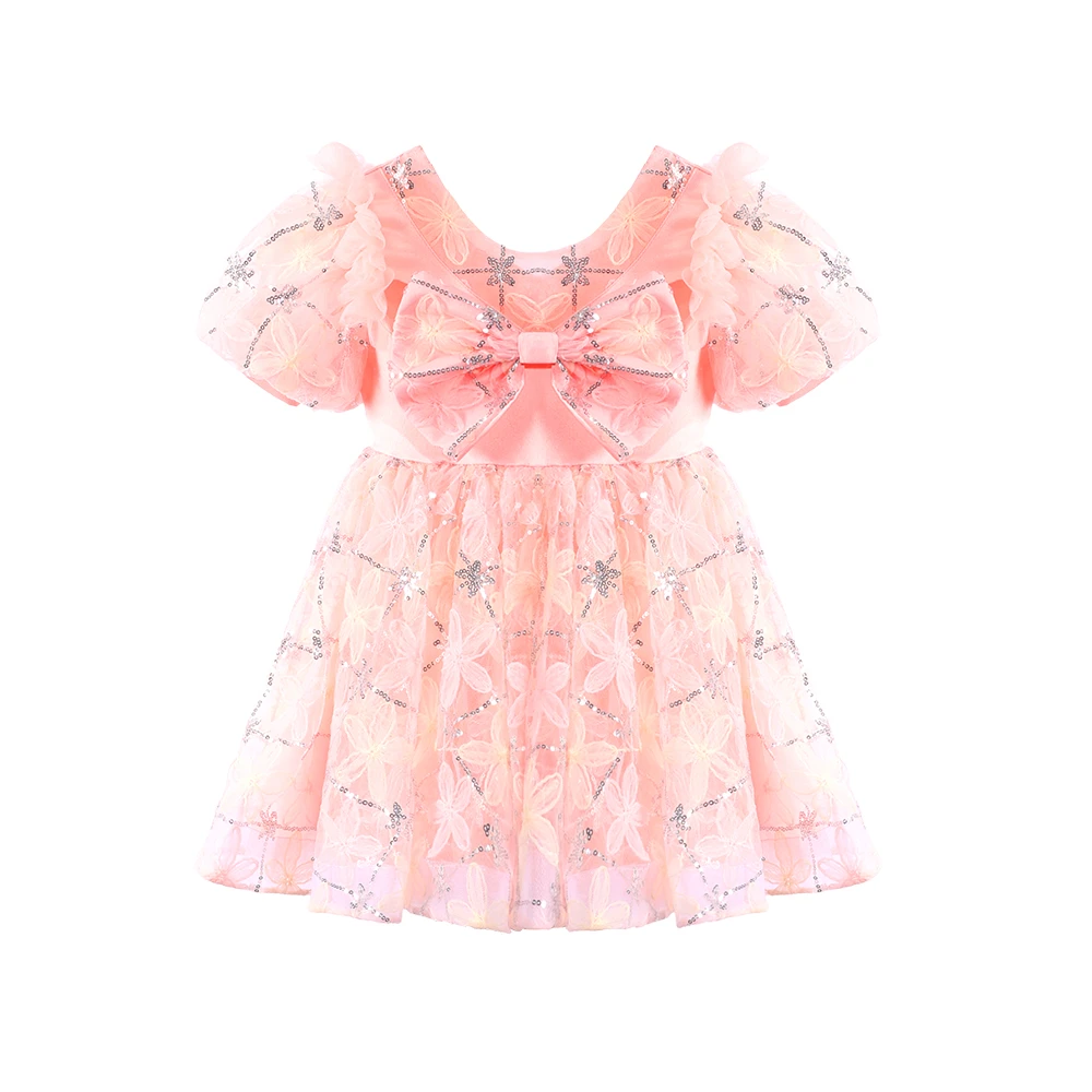 Robe de princesse rose &agrave; manches bouffantes et broderie florale pour filles, robe-XGZ9007