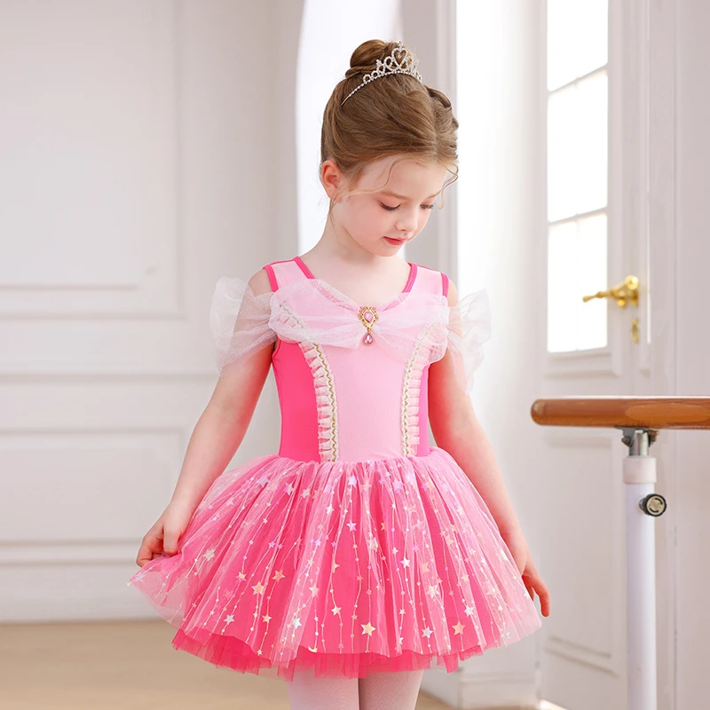 Robe Tutu de Ballet pour filles, rose vif, avec n&oelig;ud &agrave; paillettes, &eacute;toile, Costume de spectacle de p