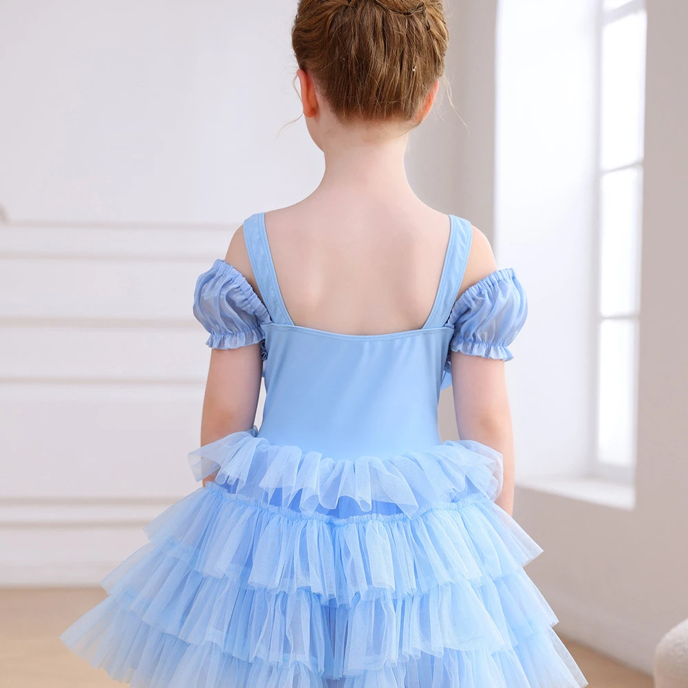Robe Tutu de Ballet pour filles, bleu clair, avec n&oelig;ud &agrave; paillettes, &eacute;paules d&eacute;nud&eacute;es, Costume de f&ecirc;