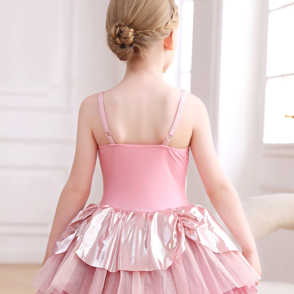 Robe Tutu de Ballet pour filles, motif Floral rose m&eacute;tallique, bretelles Spaghetti, Costume de spect