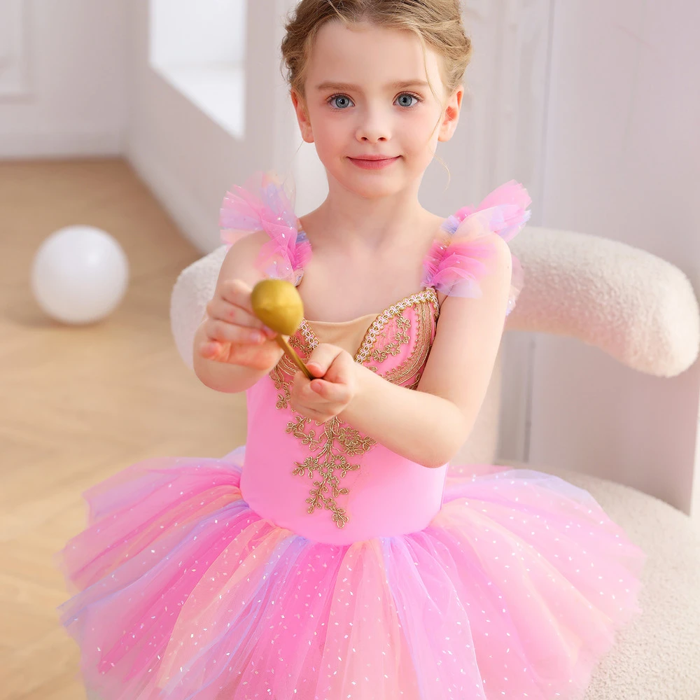 Justaucorps de ballet en dentelle rose pour filles, Tutu de princesse, Dress-ALP023