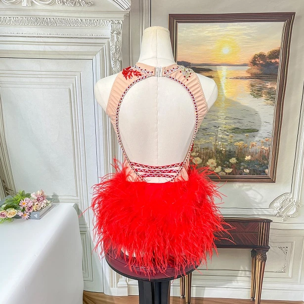Justaucorps de comp&eacute;tition de jazz strass plume rouge | G052