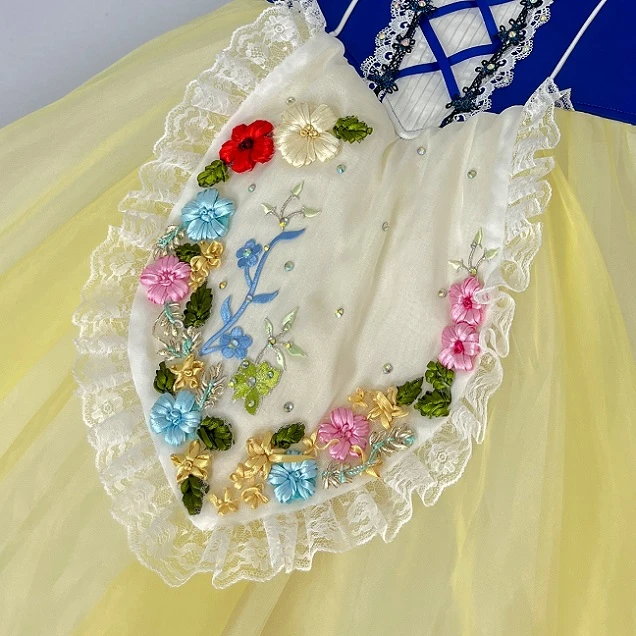 Robe de performance de ballet de style folklorique &agrave; fleurs bleues jaunes | R1611
