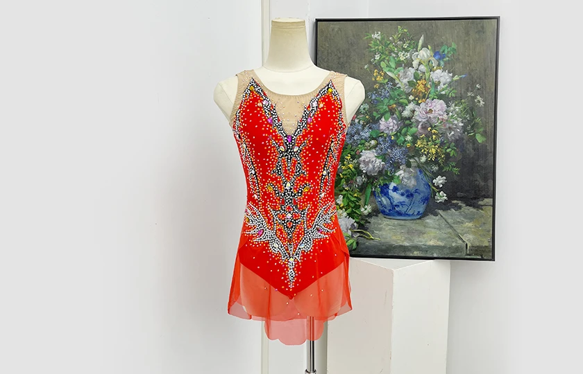 Justaucorps de gymnastique artistique strass rouge orange | G0112