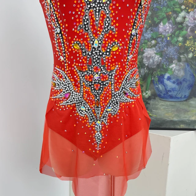 Justaucorps de gymnastique artistique strass rouge orange | G0112