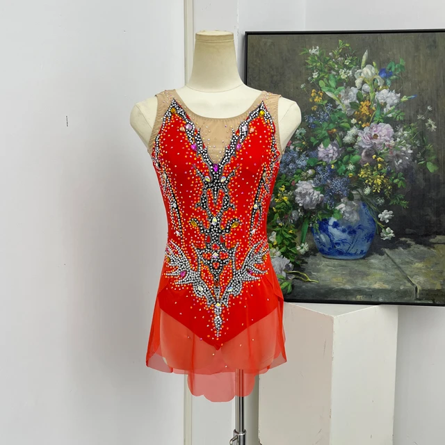 Justaucorps de gymnastique artistique strass rouge orange | G0112