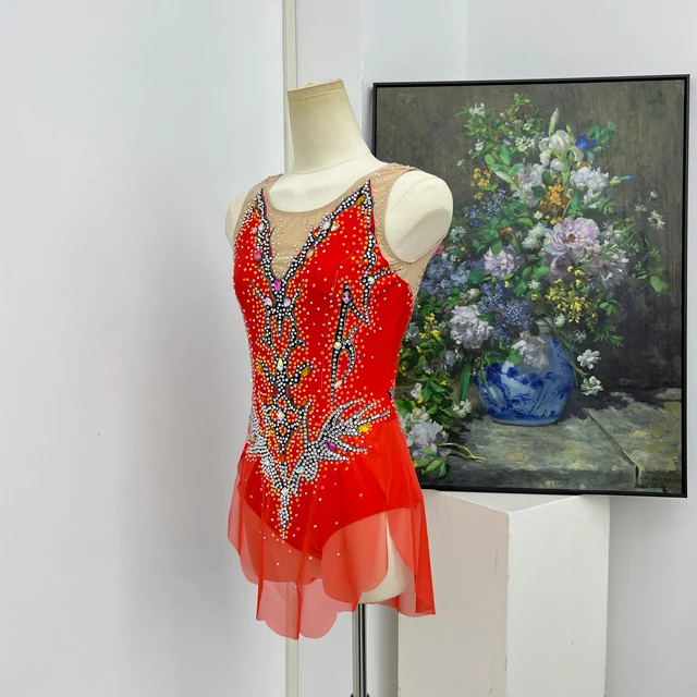 Justaucorps de gymnastique artistique strass rouge orange | G0112