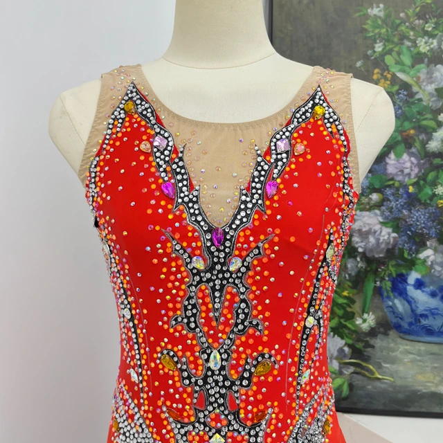 Justaucorps de gymnastique artistique strass rouge orange | G0112