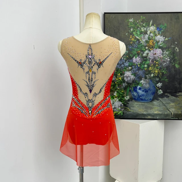 Justaucorps de gymnastique artistique strass rouge orange | G0112