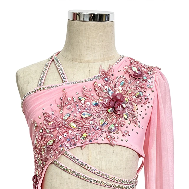 Costume de danse lyrique asym&eacute;trique florale rose | BLC1370
