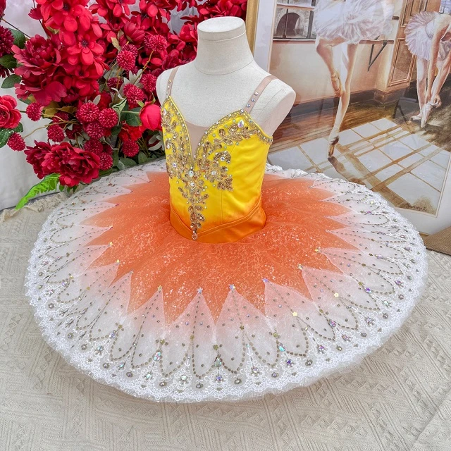 Tutu de cr&ecirc;pes de concours de ballet ombr&eacute; orange jaune | T1504
