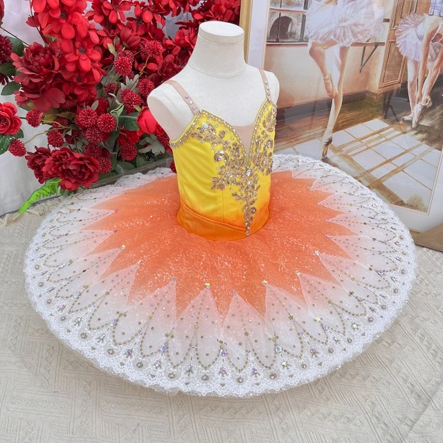 Tutu de cr&ecirc;pes de concours de ballet ombr&eacute; orange jaune | T1504