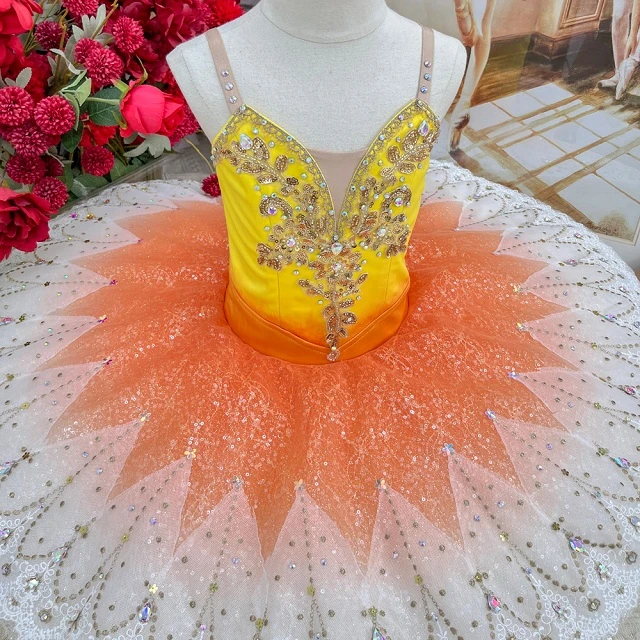 Tutu de cr&ecirc;pes de concours de ballet ombr&eacute; orange jaune | T1504