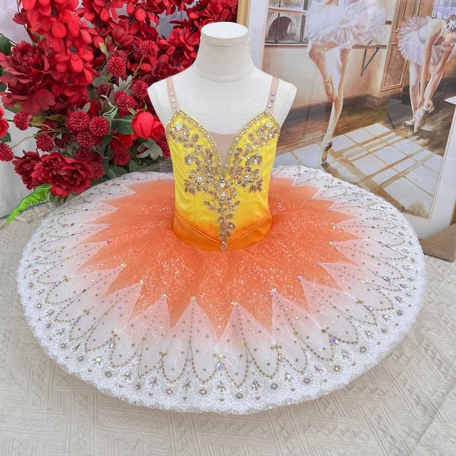 Tutu de cr&ecirc;pes de concours de ballet ombr&eacute; orange jaune | T1504