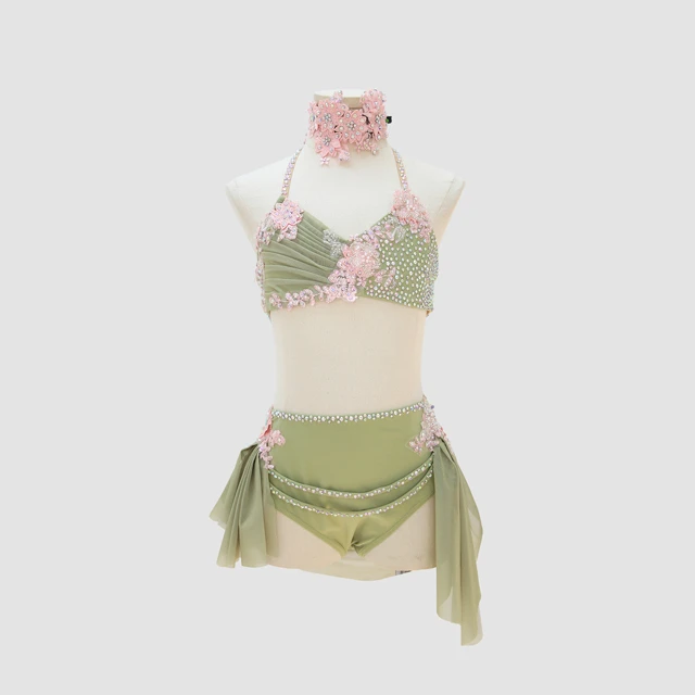 Costume de danse lyrique 2 pi&egrave;ces avec strass vert sauge | G003