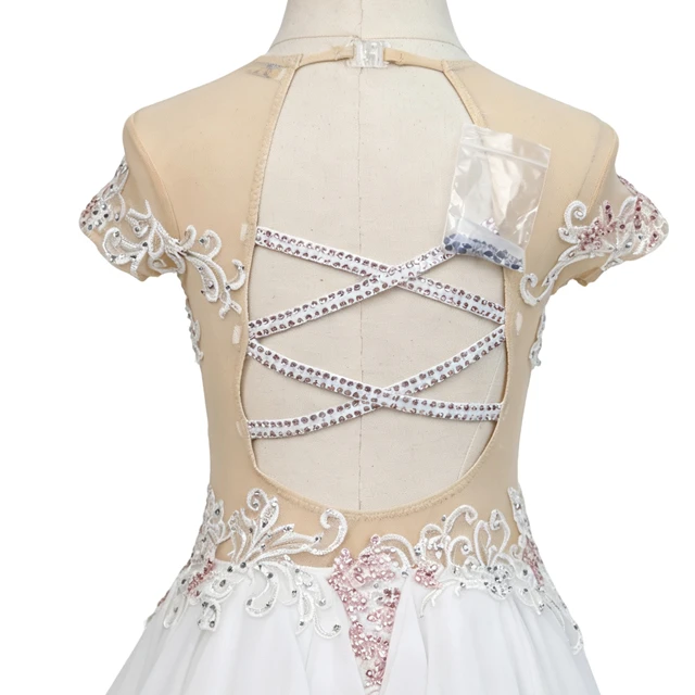 Robe de danse lyrique blanche avec strass en dentelle rose | G030