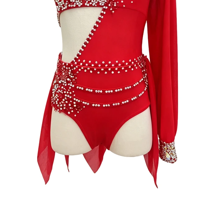 Costume de danse lyrique asym&eacute;trique en strass rouge | BLC1381