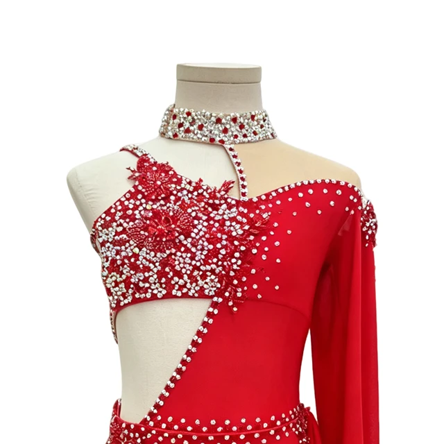 Costume de danse lyrique asym&eacute;trique en strass rouge | BLC1381