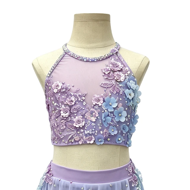 Tenue de danse lyrique florale 2 pi&egrave;ces violet bleu ombre | G026