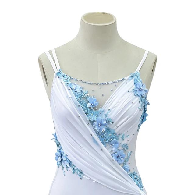 Blanc avec robe justaucorps de danse lyrique florale bleu clair | R0998