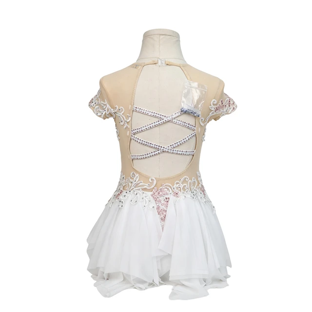 Robe de danse lyrique blanche avec strass en dentelle rose | G030