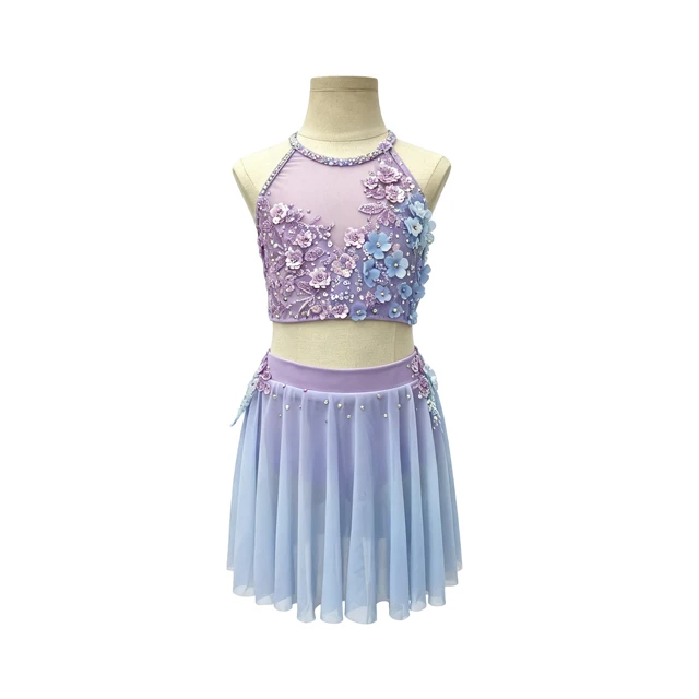 Tenue de danse lyrique florale 2 pi&egrave;ces violet bleu ombre | G026