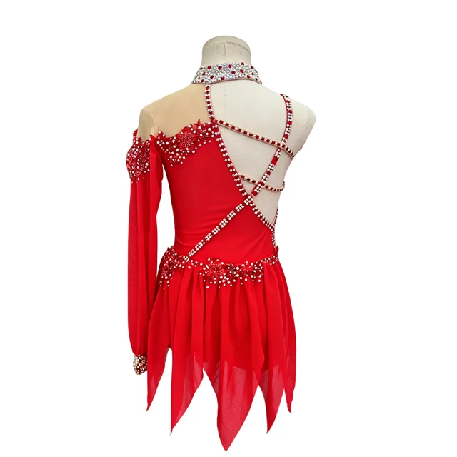 Costume de danse lyrique asym&eacute;trique en strass rouge | BLC1381