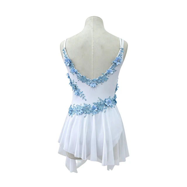 Blanc avec robe justaucorps de danse lyrique florale bleu clair | R0998