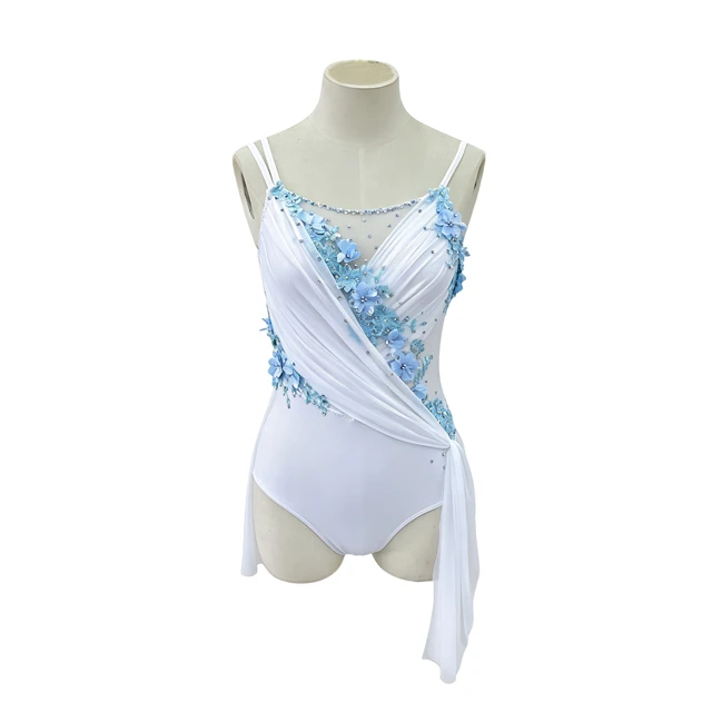 Blanc avec robe justaucorps de danse lyrique florale bleu clair | R0998