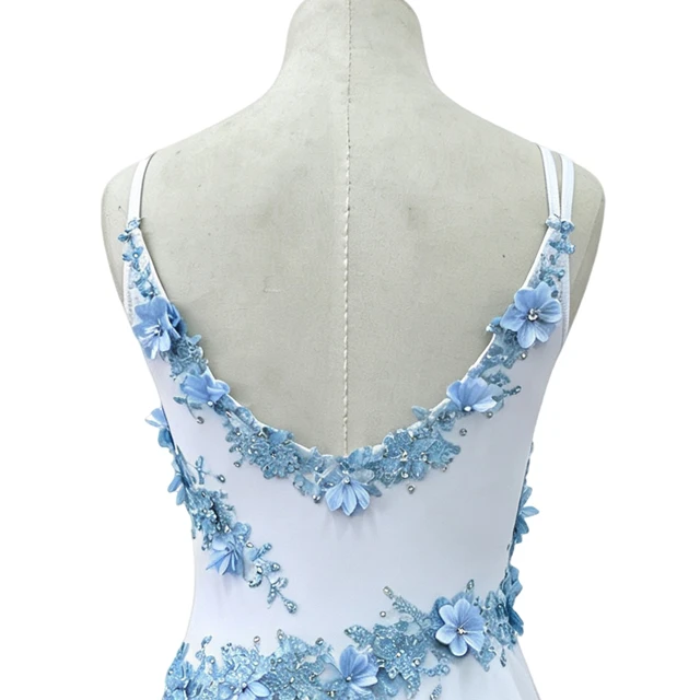 Blanc avec robe justaucorps de danse lyrique florale bleu clair | R0998