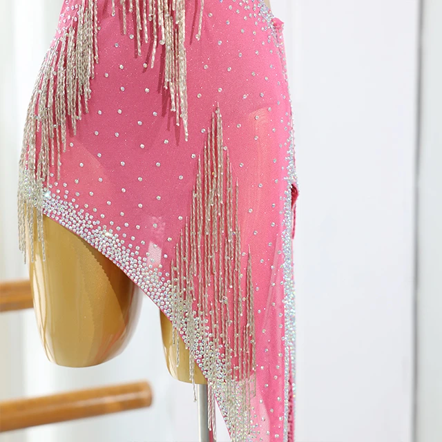 Robe de danse latine en strass &agrave; franges roses | LD005