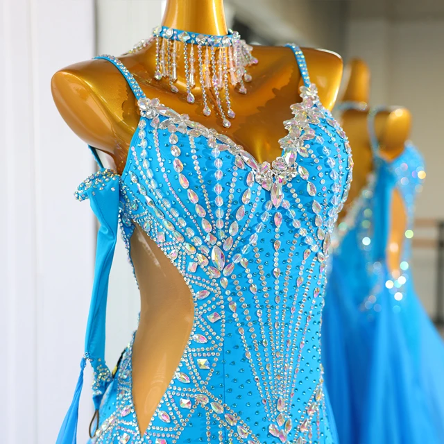 Strass bleu ciel Standard Latin &amp; Robe de danse de salon | LD018