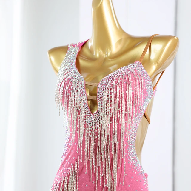 Robe de danse latine en strass &agrave; franges roses | LD005