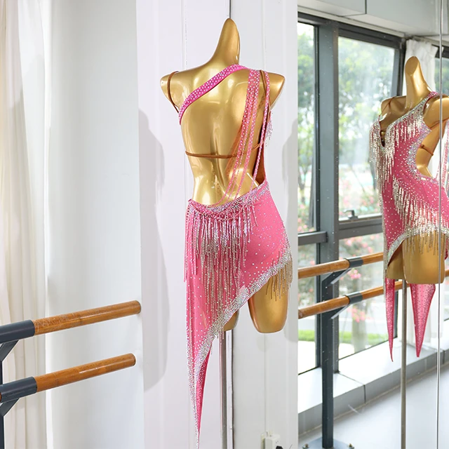 Robe de danse latine en strass &agrave; franges roses | LD005