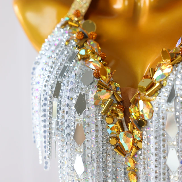 Robe de danse latine en strass &agrave; franges en or blanc | LD020