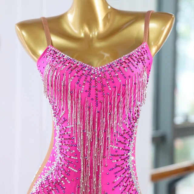 Robe de danse latine en strass &agrave; franges rose vif | LD001