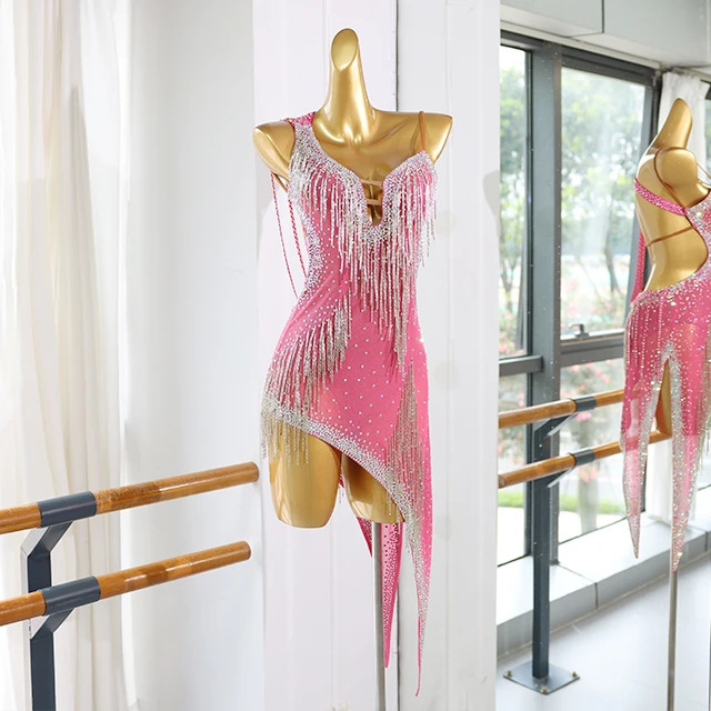 Robe de danse latine en strass &agrave; franges roses | LD005