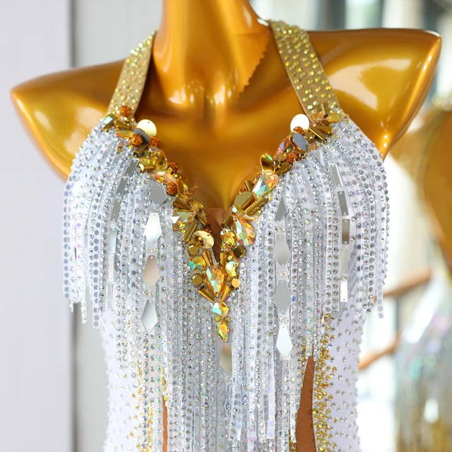 Robe de danse latine en strass &agrave; franges en or blanc | LD020