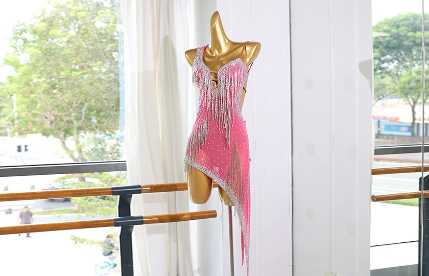 Robe de danse latine en strass &agrave; franges roses | LD005