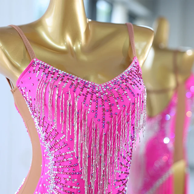 Robe de danse latine en strass &agrave; franges rose vif | LD001