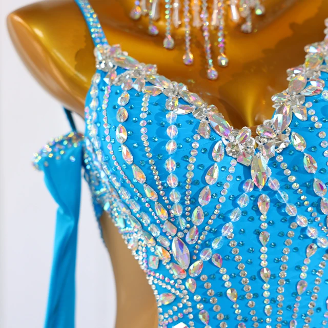 Strass bleu ciel Standard Latin &amp; Robe de danse de salon | LD018