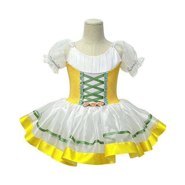 Girls Yellow Puff Sleeve Crisscross Lace-up Classical Ballet Tutu Dress | XGZ0258